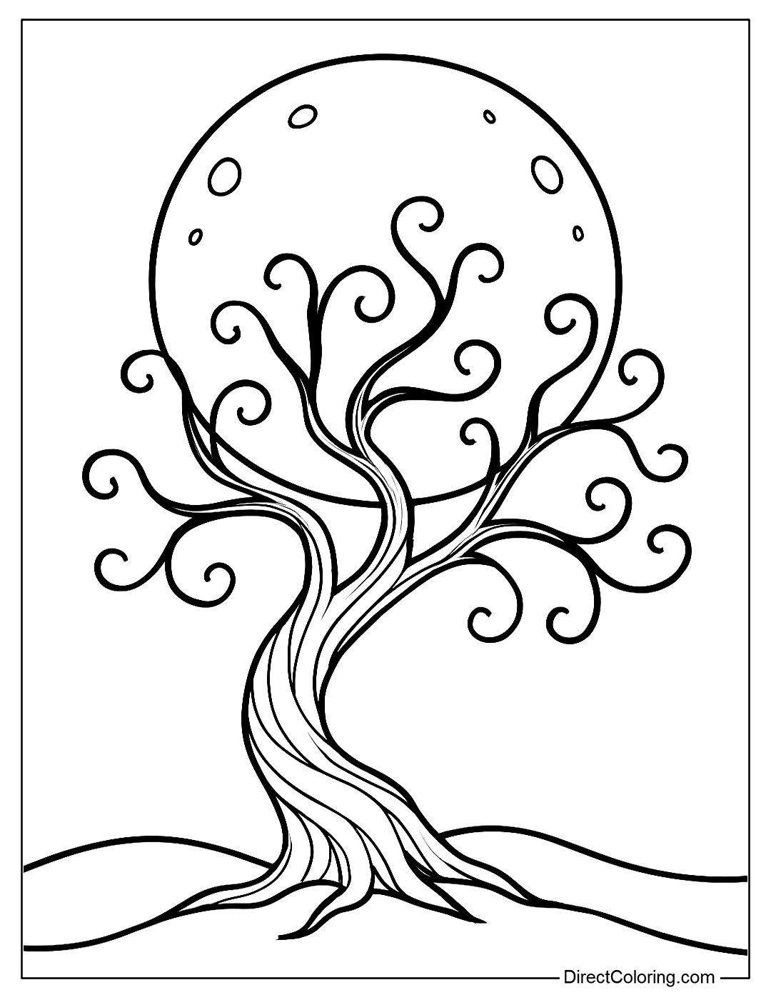 Ancient tree coloring page winding under the light of the full moon